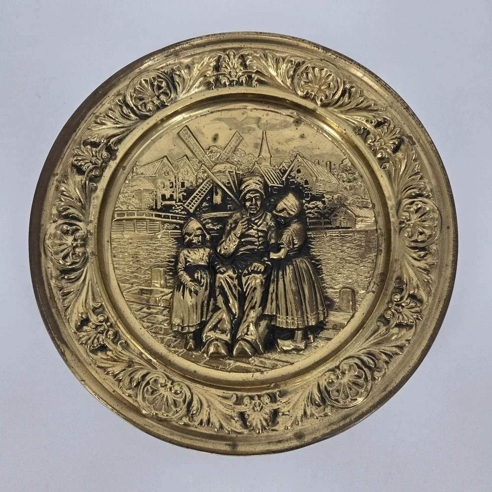 Vintage Lombard England Brass Wall Plaque Dutch Windmill Scene Embossed 15